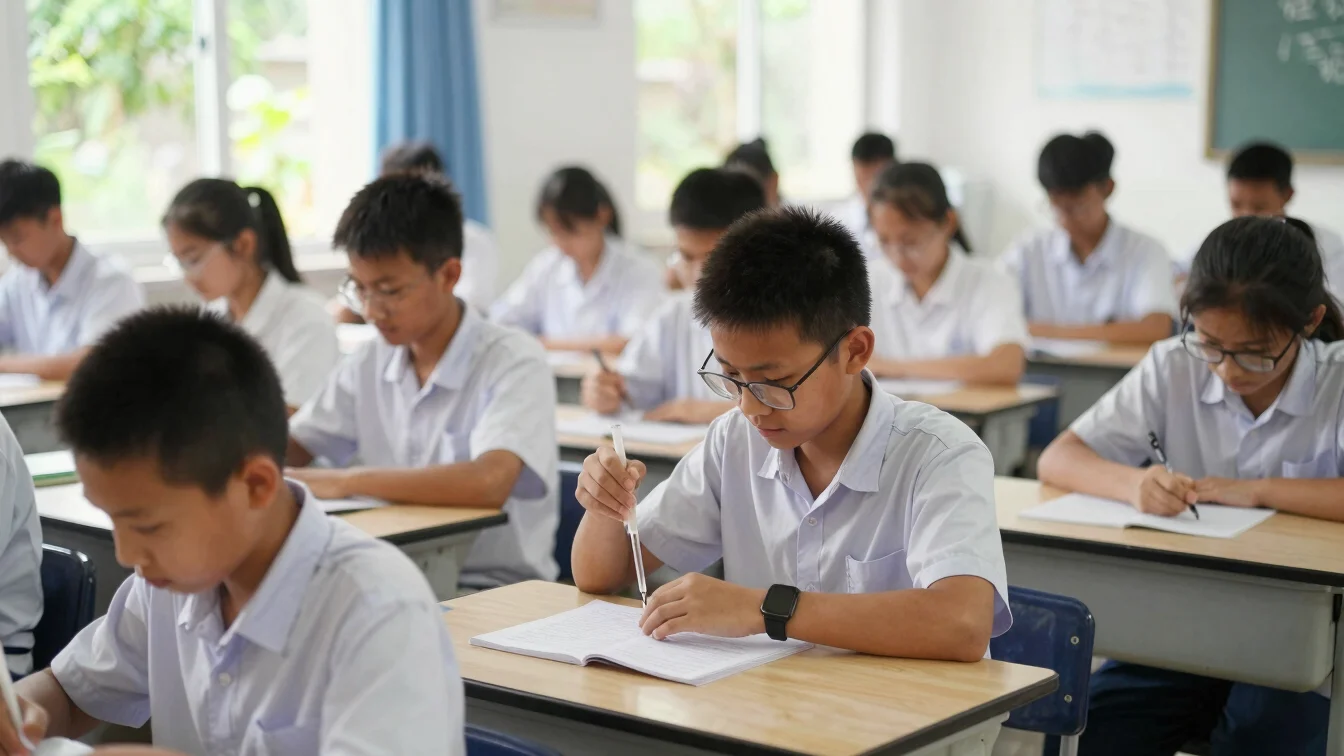 Students in clean school uniforms conducting an experiment in a bright, well-lit classroom, authentic documentary photog