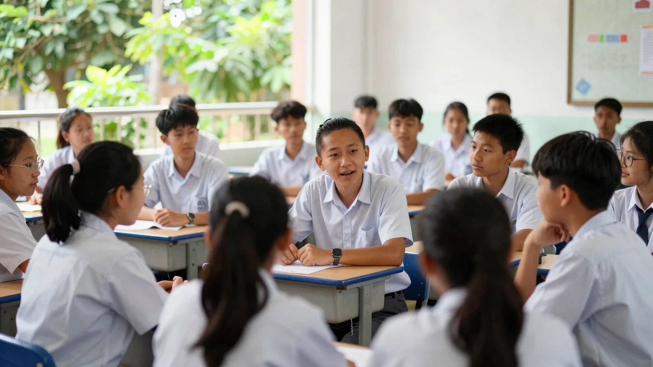 Students in clean school uniforms engaged in a lively discussion in a sunlit classroom, authentic documentary photograph