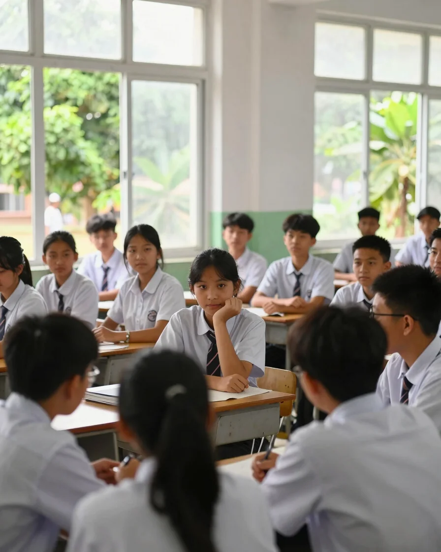Candid medium shot of students in clean school uniforms actively participating in a classroom discussion, bright natural